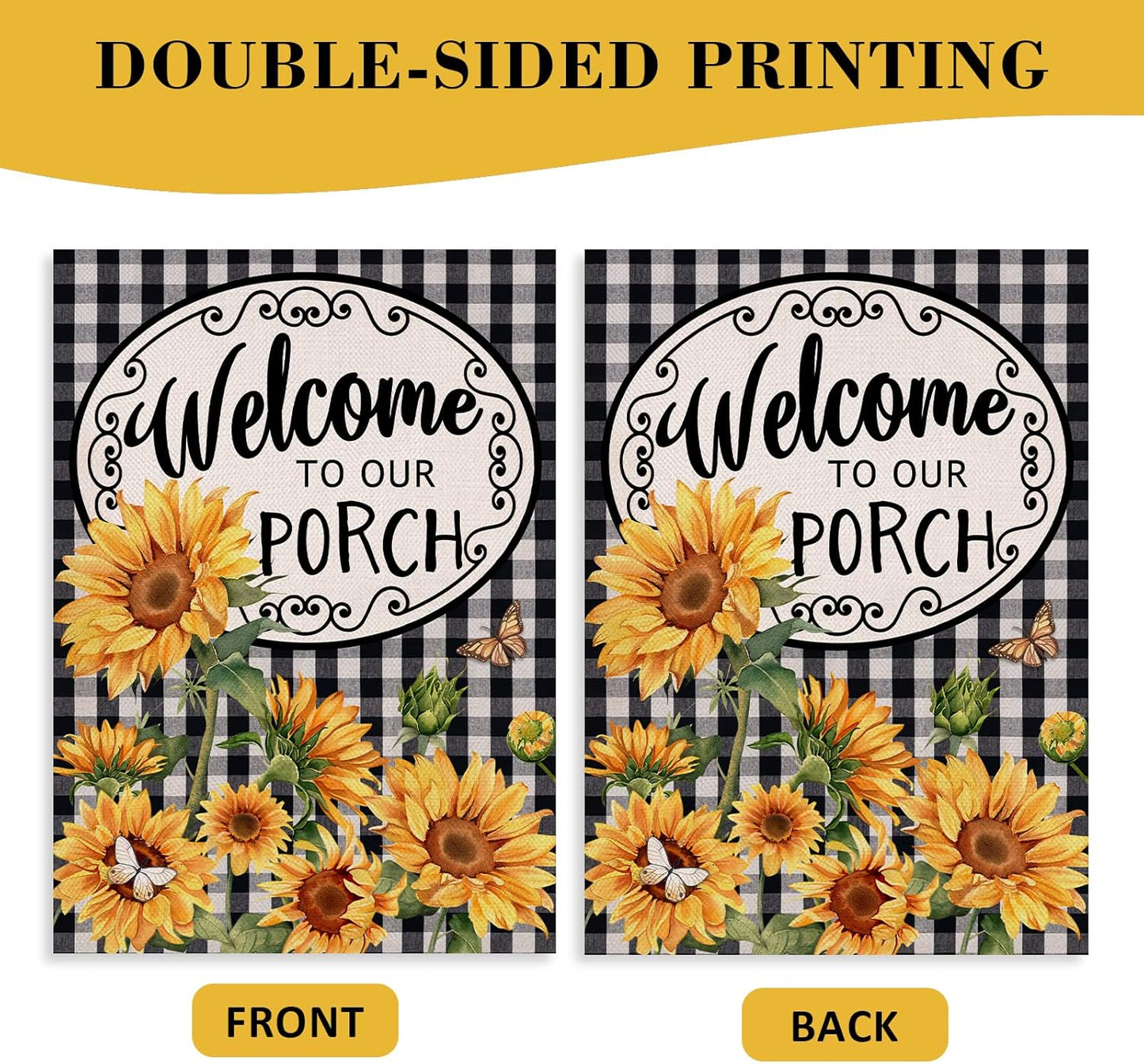 Home Decorative Welcome to Our Porch Spring Summer Sunflower Garden Flag, Black White Buffalo Plaid Check Yard outside Decoration, Fall Autumn Farmhouse Outdoor Small Decor 12 X 18