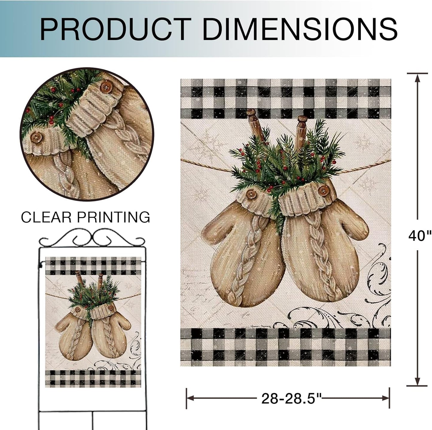 Winter Gloves Home Decorative House Flag Buffalo Plaid Check Farmhouse Garden Yard Outdoor Large Burlap Flag Sign Christmas outside Decoration Xmas Seasonal Decor Double Sided Black White 28X40