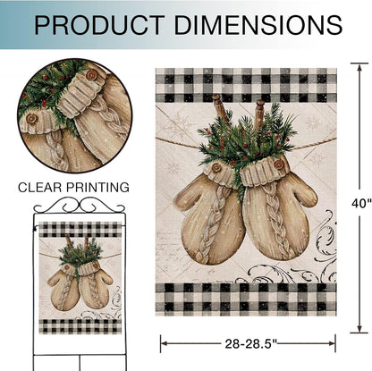 Winter Gloves Home Decorative House Flag Buffalo Plaid Check Farmhouse Garden Yard Outdoor Large Burlap Flag Sign Christmas outside Decoration Xmas Seasonal Decor Double Sided Black White 28X40