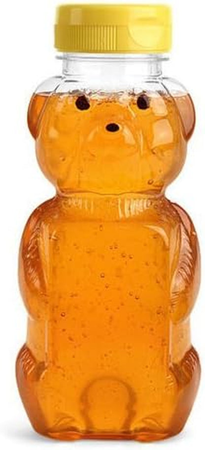 18 Pack 8 Fl Oz Plastic PET Honey Bear Jars, Squeeze Bottles with Yellow Flip-Top Dispenser Caps W/Seals - Holds 12 Oz Honey by Weight - BPA Free, Refillable and Made in USA