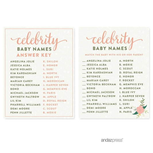 Celebrity Name Game Floral Roses Girl Baby Shower Game, 20-Pack