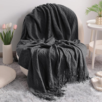 Acrylic Knitted Throw Blanket, Lightweight and Soft Cozy Decorative Woven Blanket with Tassels for Travel, Couch, Bed, Sofa, 51X67 Inches, Taupe Checkered