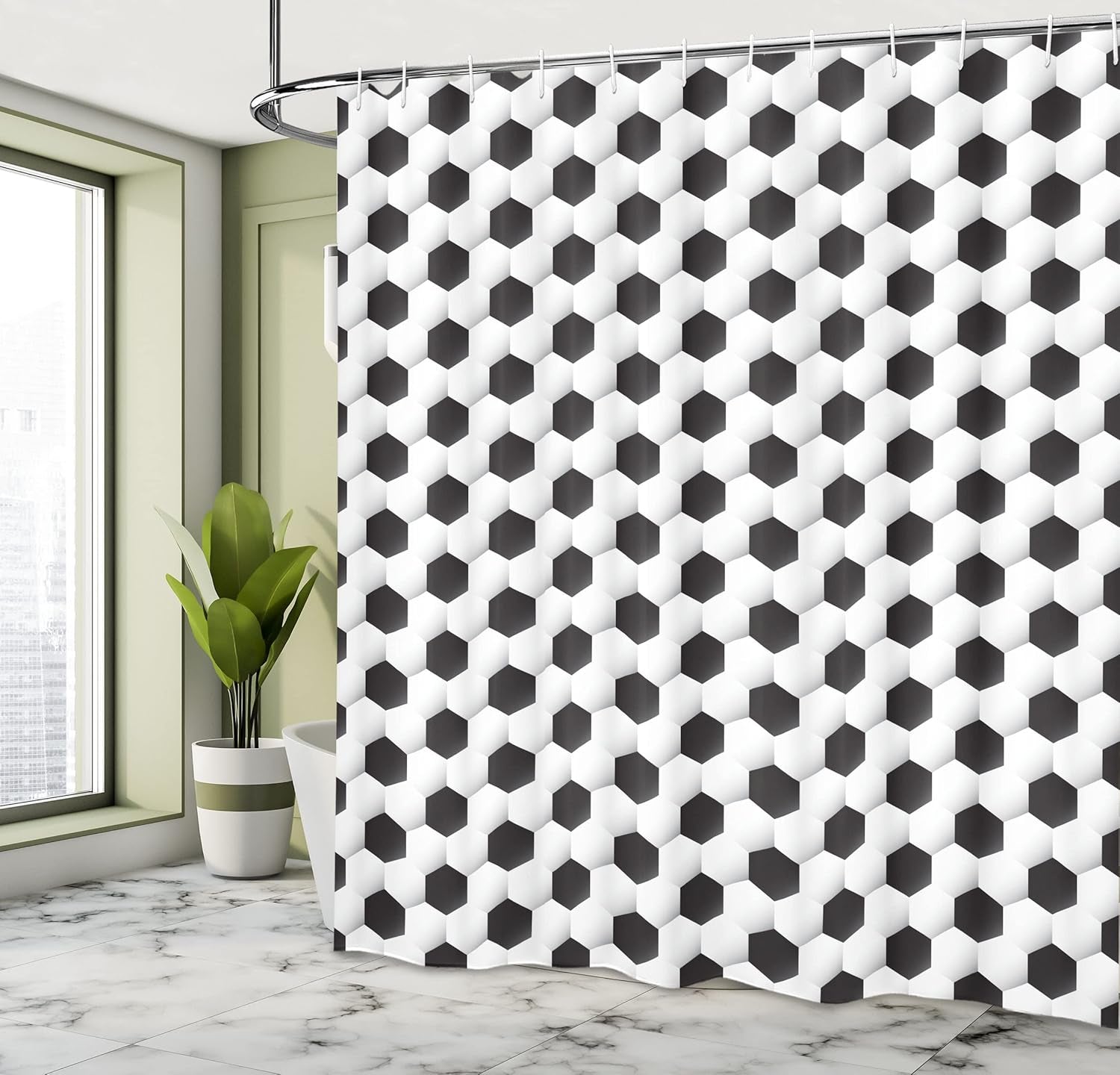 Sports Shower Curtain, Soccer Ball Vivid Pattern Athletic Sport Themed Geometrical Modern Design, Cloth Fabric Bathroom Decor Set with Hooks, 69" W X 75" L, White Grey