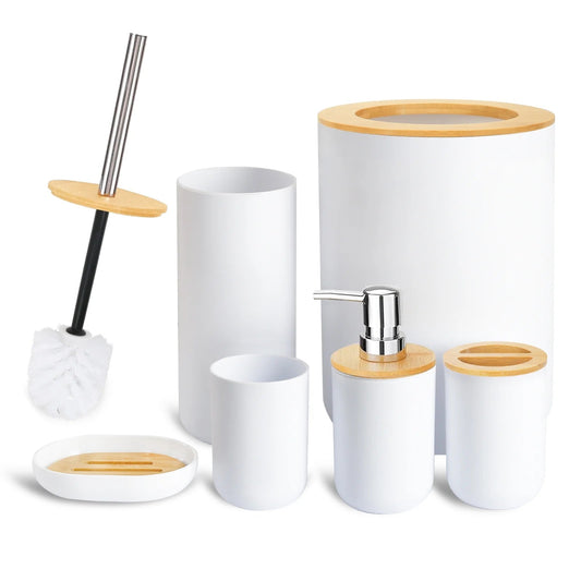 Bamboo Bathroom Accessory Set, 6 Pieces Bath Set- Soap Dish Toothbrush Holder Rinse Cup Lotion Bottle Trash Can Toilet Brush - Practical Toilet Kit for Home Washing Room，White