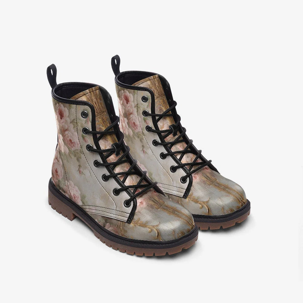Emerald Blossoms - Pink Painted Roses Casual Leather Lightweight Boots for Hippies