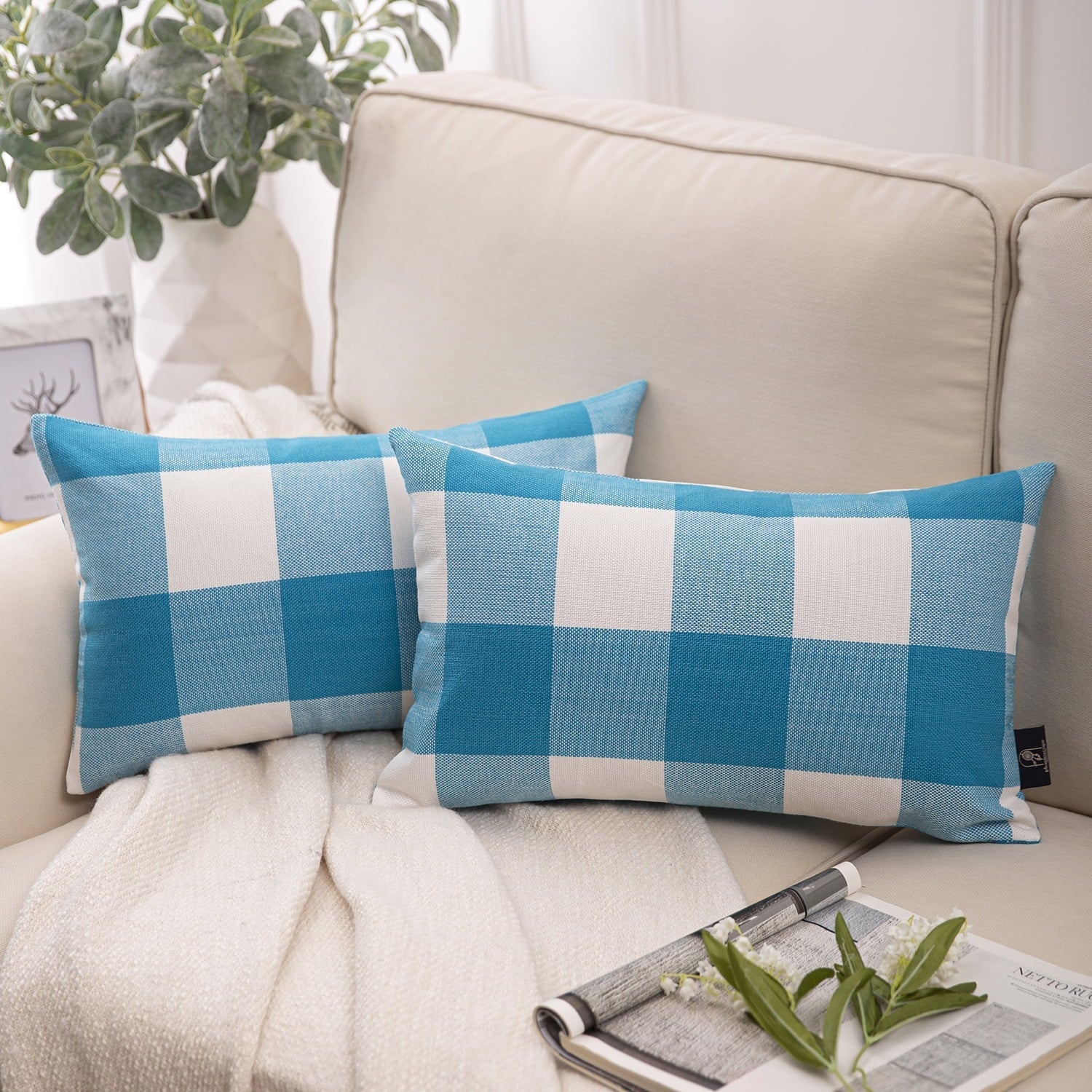 Buffalo Checker Plaid Farmhouse Summer Square Decorative Throw Pillow for Couch, 12" X 20", Blue/White, 2 Pack