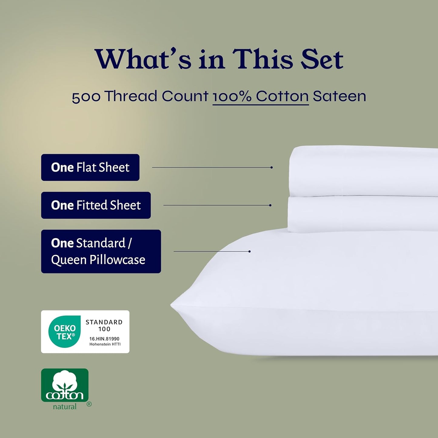 Twin Size Sheet Set - 100% Cotton 500 Thread Count, Cooling Deep Pocket Bed Sheets with Fitted Elastic Sheet, Extra Soft Luxury Hotel Quality - White