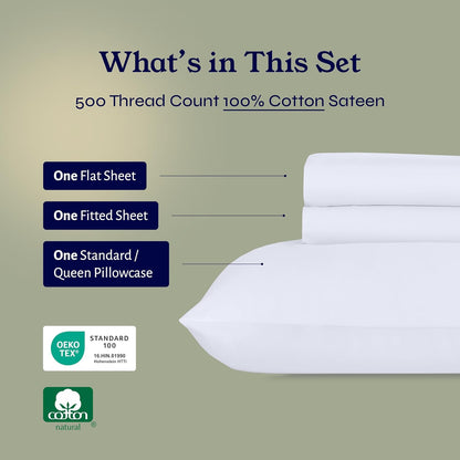 Twin Size Sheet Set - 100% Cotton 500 Thread Count, Cooling Deep Pocket Bed Sheets with Fitted Elastic Sheet, Extra Soft Luxury Hotel Quality - White