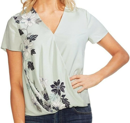 Womens Satin Floral Wrap Blouse, Green, Large