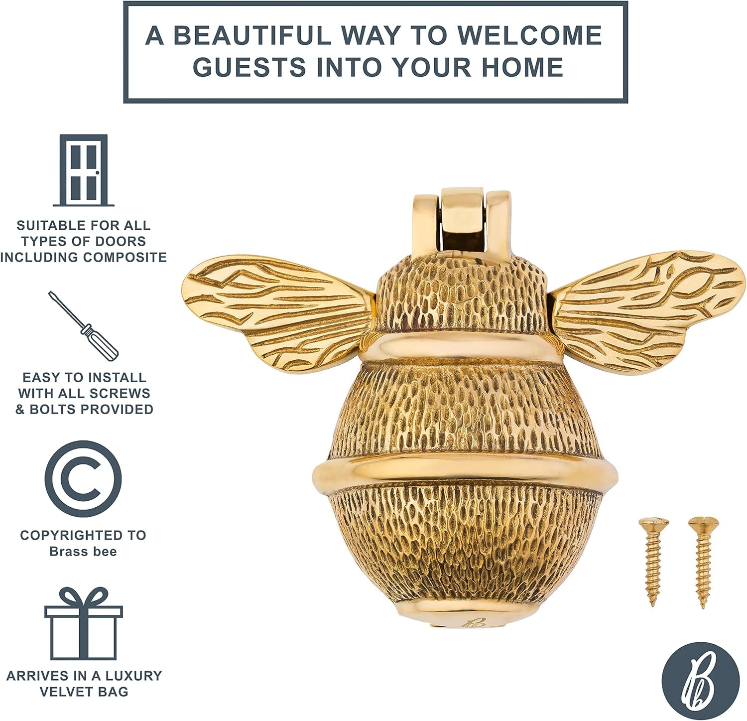 Bee Door Knocker for Front Door | Polished Solid  | Brass Knockers with Strike Plate | UPVC | Bumblebee Front Door Furniture with a Unique Design (Brass)
