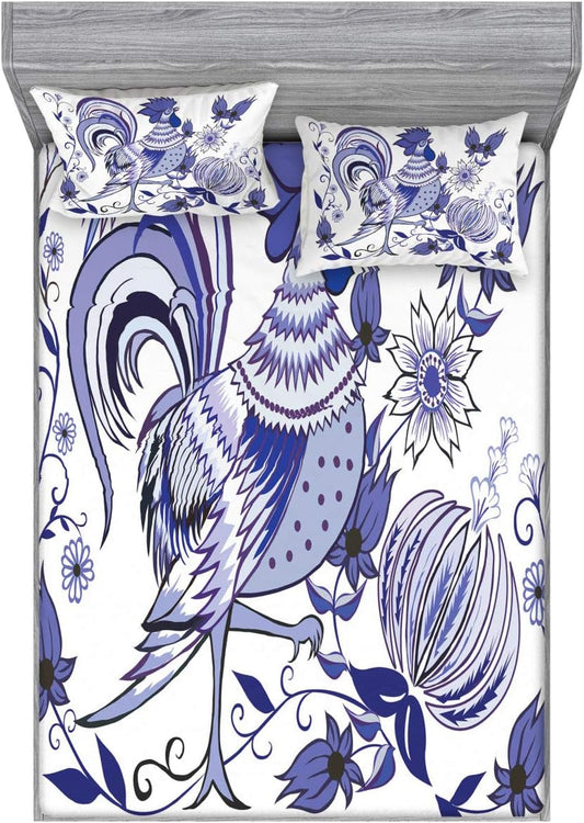Gallus Fitted Sheet & Pillow Sham Set, Floral Pattern with Flowers and Birds Feathers Wings Leaf Ornament Folk Art, Decorative Printed 3 Piece Bedding Decor Set, Queen, Violet Blue White