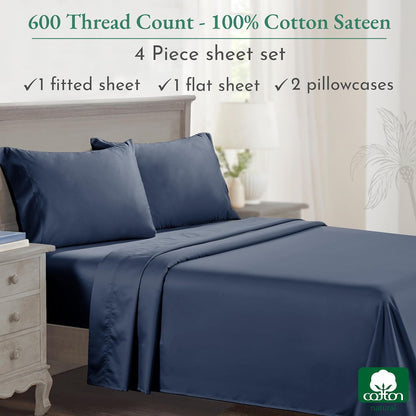 - Luxury Full Size Sheet Set - 100% Cotton, 600 Thread Count Deep Pocket Full Size Bed Sheets, Hotel-Quality Cooling Sheets with Sateen Weave - Royal Navy Blue