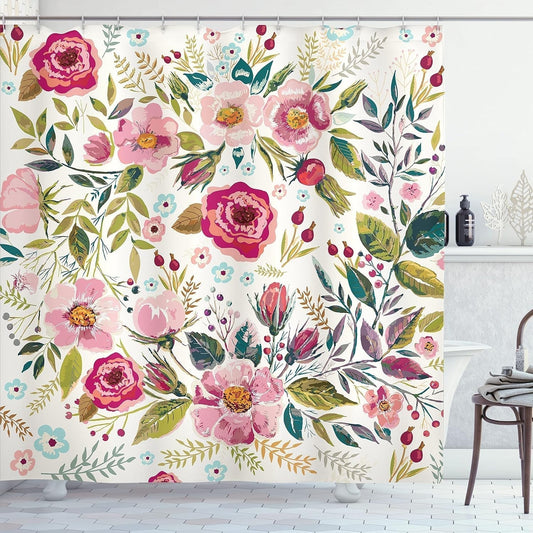 Floral Shower Curtain, Shabby Form Flowers Roses Petals Dots Leaves Buds Spring Season Theme Image, Cloth Fabric Bathroom Decor Set with Hooks, 69" W X 70" L, Magenta