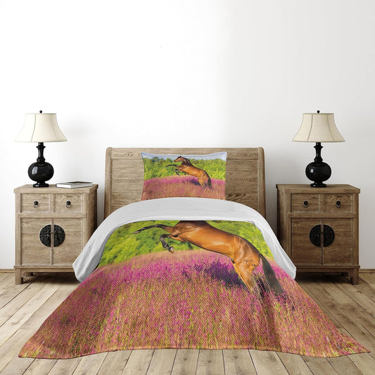 Horse Coverlet, Strong Bay Horse Rearing in Blossoming Rural Summer Field Trees, 2 Piece Decorative Quilted Bedspread Set with 1 Pillow Sham, Twin Size, Pink Brown