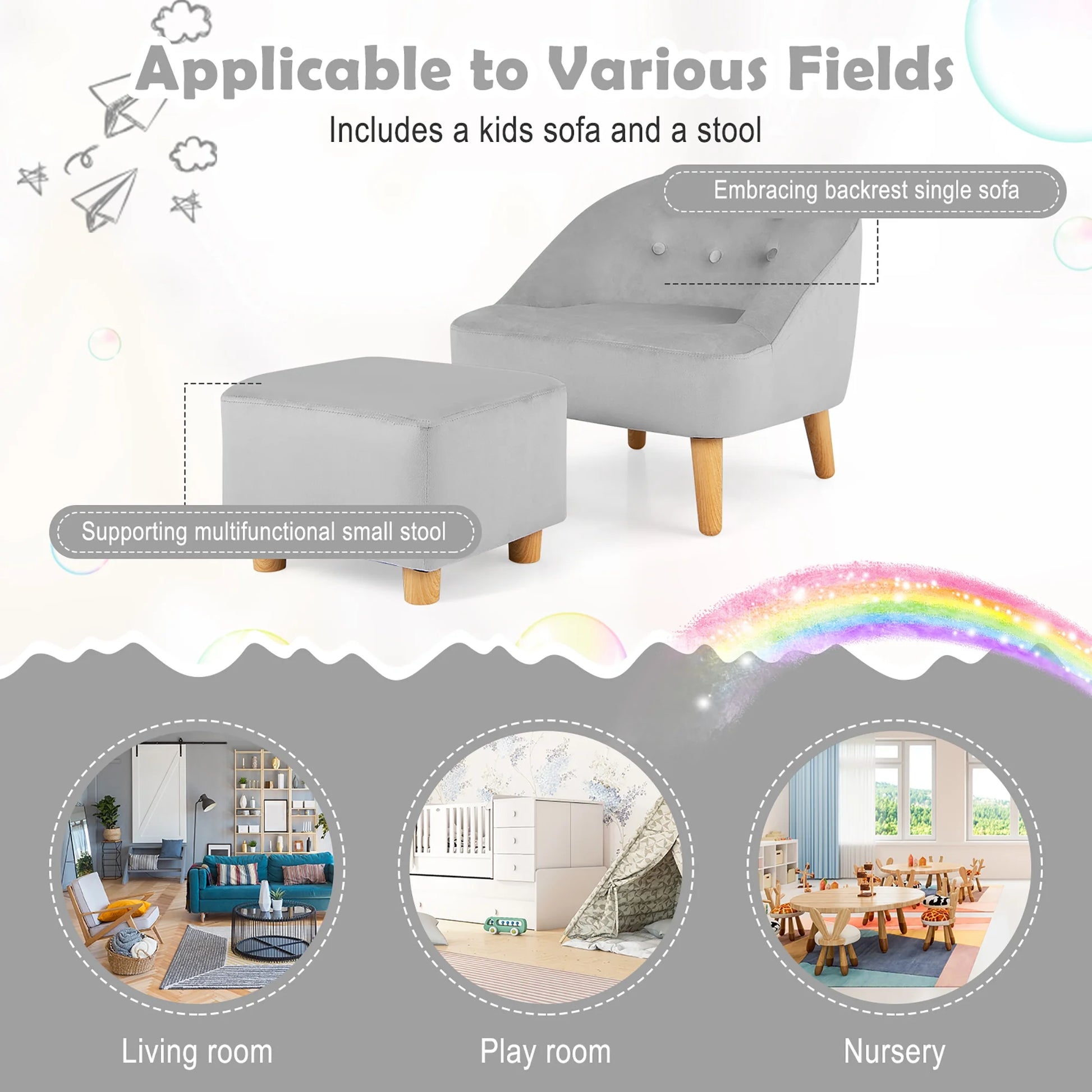 Kids Sofa Chair W/ Ottoman Toddler Single Sofa Velvet Upholstered Couch Grey