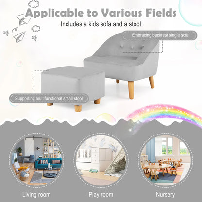 Kids Sofa Chair W/ Ottoman Toddler Single Sofa Velvet Upholstered Couch Grey