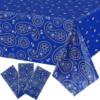 Western Party Tablecloth Paisley Table Cover Bandana Plastic Table Cloth Rectangle Floral Tablecloth for Western Cowboy Themed Party Decorations, 108 X 54 Inches (Blue, 3 Pack)