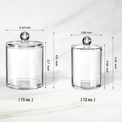Bathroom Vanity Storage Organizer Canister Holder Apothecary Jars Set for Qtips,Cotton Balls,Swabs,Rounds,Makeup Sponges,Bath Salts,Premium Plastic Acrylic, Clear | 12Oz.And 15Oz.