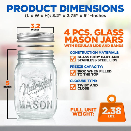 4 Pcs Mason Jars 16Oz DIY Magnetic Spice Jar Glass Container W/ Airtight Lid and Band