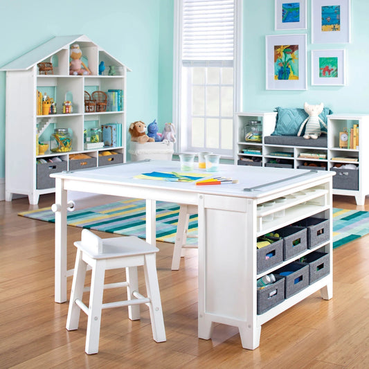 Kids' Art Wooden Table and Stool Set with Paper, Creamy White