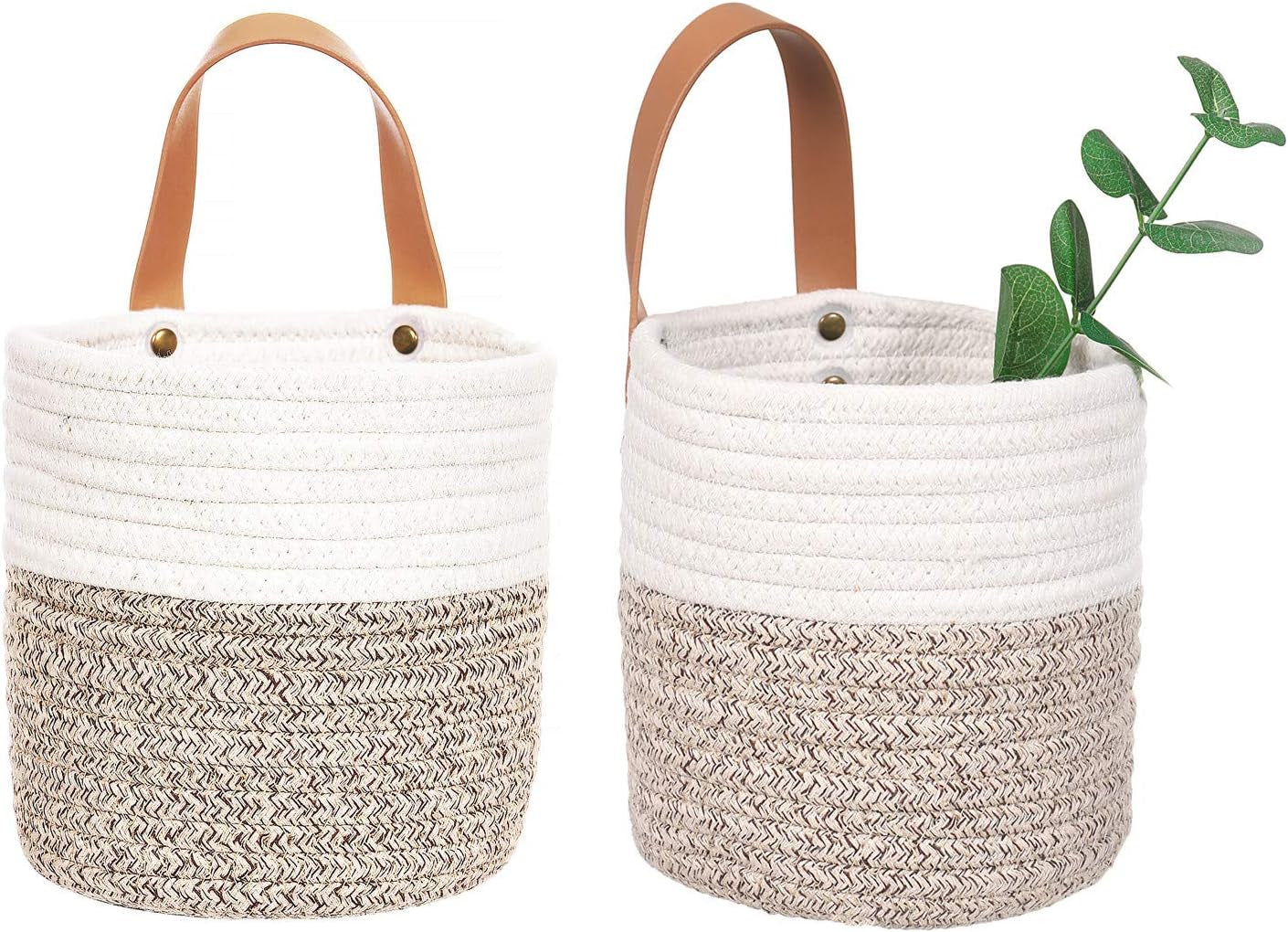2Pack Small Hanging Basket-Cotton Rope Wall Basket with Handle, Hanging Storage Baskets, Shelf Baskets Storage Bin Closet Organizer 6"×6.3", Woven Plant Basket - (White & Brown)