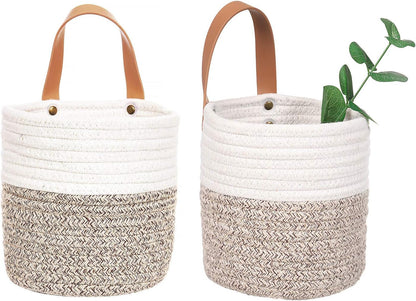 2Pack Small Hanging Basket-Cotton Rope Wall Basket with Handle, Hanging Storage Baskets, Shelf Baskets Storage Bin Closet Organizer 6"×6.3", Woven Plant Basket - (White & Brown)