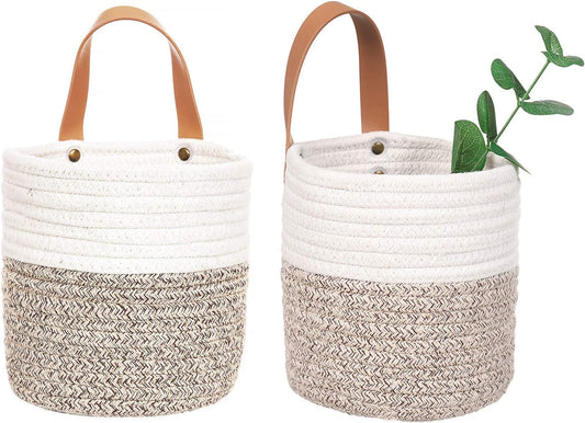 2Pack Small Hanging Basket-Cotton Rope Wall Basket with Handle, Hanging Storage Baskets, Shelf Baskets Storage Bin Closet Organizer 6"×6.3", Woven Plant Basket - (White & Brown)