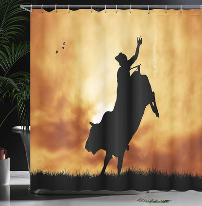 Western Shower Curtain, Bull Rider Silhouette at Sunset Dramatic Sky Rural Countryside Landscape Rodeo, Cloth Fabric Bathroom Decor Set with Hooks, 69" W X 70" L, Amber Black