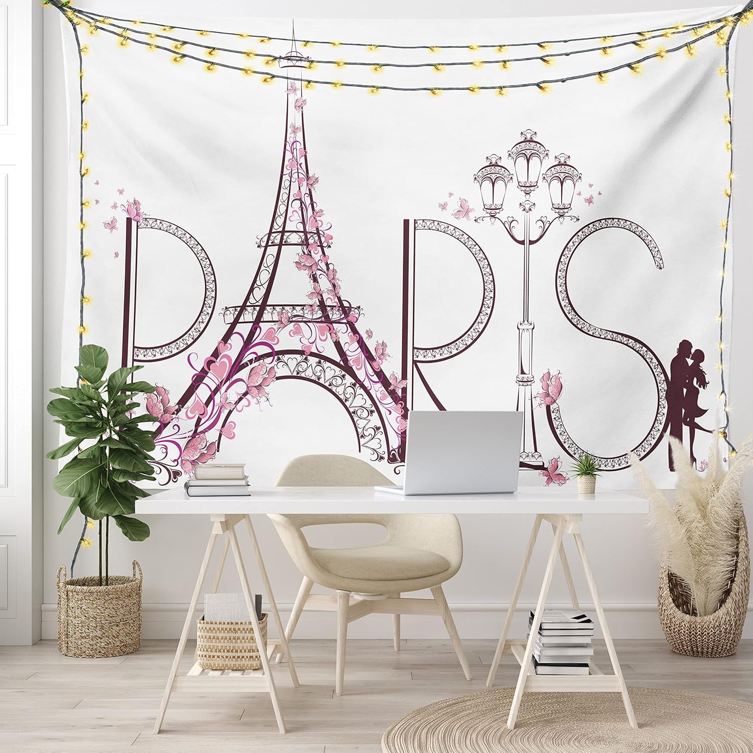 Paris Tapestry King Size, Tower Eiffel Lettering Couple Trip Flowers Floral Design European Print, Wall Hanging Bedspread Bed Cover Wall Decor, King Size, Pink Plum