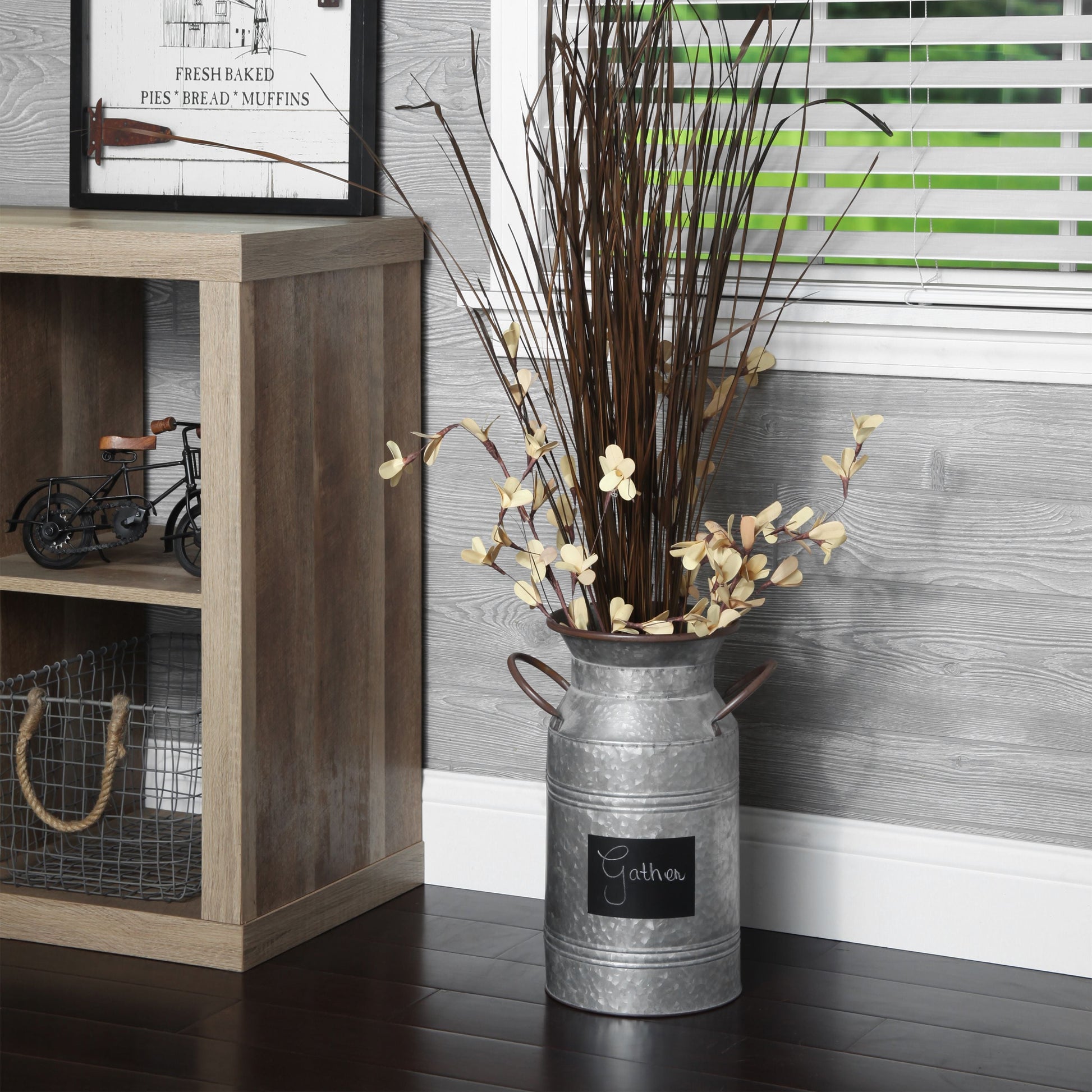 Elegant Expressions Decorative 15" Metal Gray Solid Print Milk Can Vase with Chalkboard, for Living Rooms, Entry, and Other Locations Décor, 1 Each