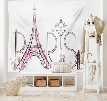 Paris Tapestry King Size, Tower Eiffel Lettering Couple Trip Flowers Floral Design European Print, Wall Hanging Bedspread Bed Cover Wall Decor, King Size, Pink Plum