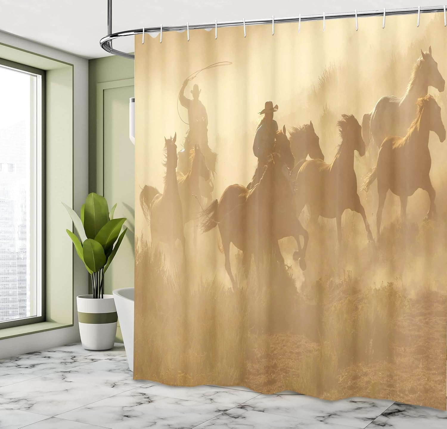 Western Shower Curtain, Galloping Running Horses in Desert 2 Cowboys Roping Dusty Wild Rural Countryside, Cloth Fabric Bathroom Decor Set with Hooks, 69" W X 75" L, Pale Brown