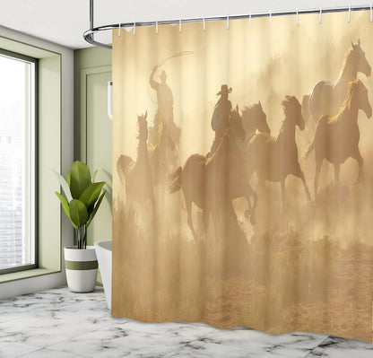 Western Shower Curtain, Galloping Running Horses in Desert 2 Cowboys Roping Dusty Wild Rural Countryside, Cloth Fabric Bathroom Decor Set with Hooks, 69" W X 75" L, Pale Brown