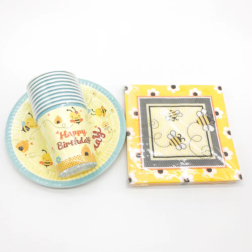 Cute Cartoon Honey Bee Disposable Tableware Plate Cup Kids Birthday Party Decorations Yellow Baby Bee Day Supplies