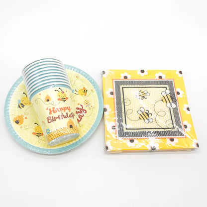 Cute Cartoon Honey Bee Disposable Tableware Plate Cup Kids Birthday Party Decorations Yellow Baby Bee Day Supplies