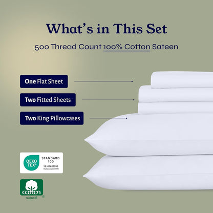 Split King Size Sheet Set - 100% Cotton 500 Thread Count, Cooling Deep Pocket Bedding for Adjustable Bed, Includes Twin-Xl Fitted Elastic Sheets & Pillowcases - White