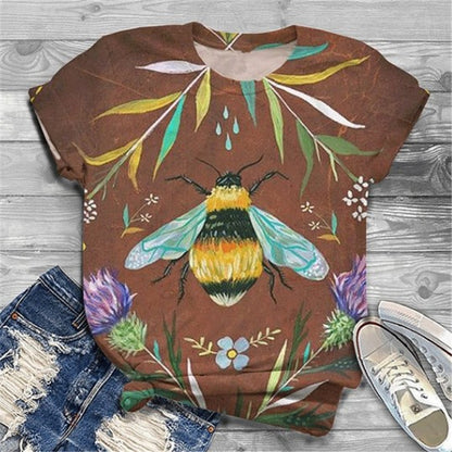 Bee Print Casual Round Neck Loose Short Sleeve Women's T-Shirt