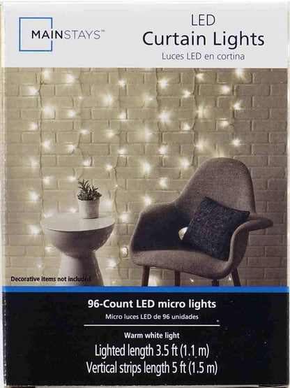 96-Count Indoor Curtain Lights, with Warm White LED Light Bulbs, Corded Electric