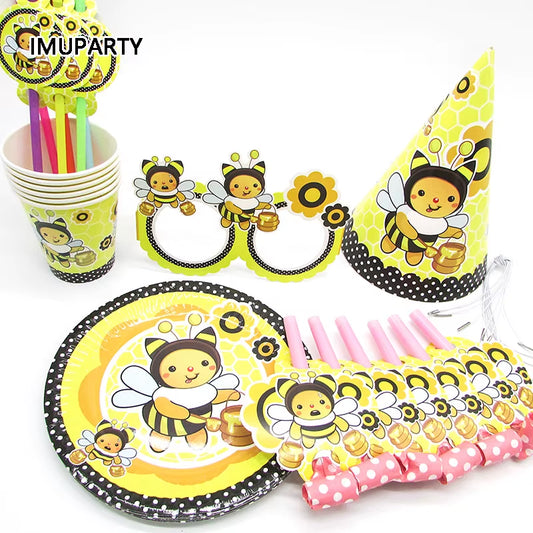 6Pcs Cartoon Bumble Bee Party Disposable Tableware Cups Plates Hats Straw Birthday Party Decorations Kids for 6 Person