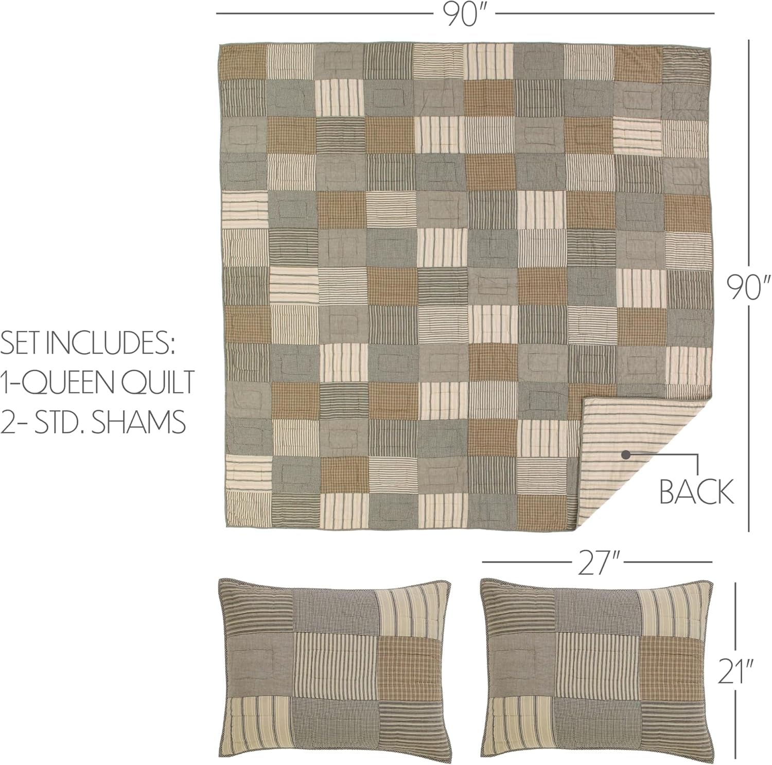 Sawyer Mill Patchwork Chambray Cotton Farmhouse Bedding Pre-Washed Square Sham Queen Quilt Set, Twin, Charcoal Grey