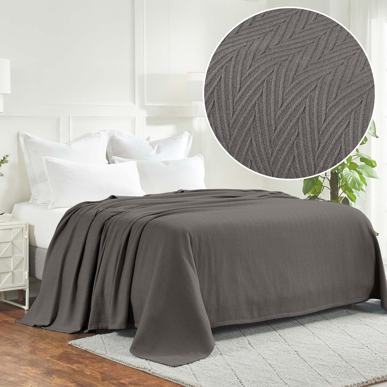 Metro All-Season Cotton Blanket, Woven Blanket for Couch, Bed, Bedding, Farmhouse, Home Essentials, Cute and Cozy Bohemian Blankets, Herringbone Weave, Full/Queen, Charcoal
