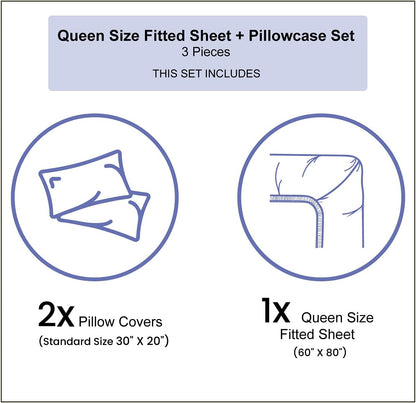 Gallus Fitted Sheet & Pillow Sham Set, Floral Pattern with Flowers and Birds Feathers Wings Leaf Ornament Folk Art, Decorative Printed 3 Piece Bedding Decor Set, Queen, Violet Blue White