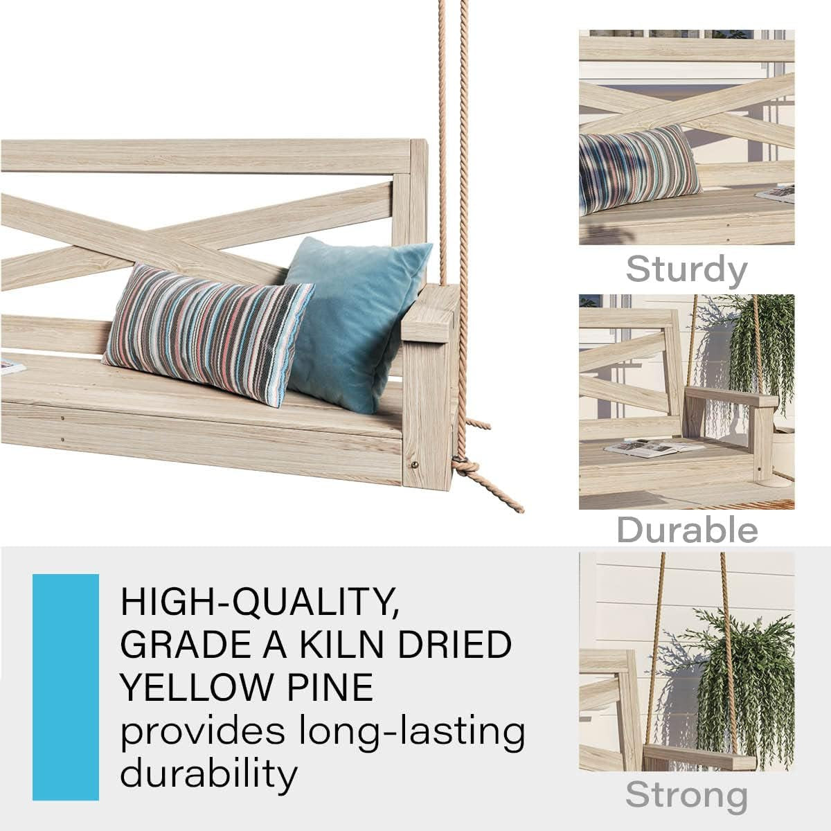 Amish Heavy Duty 700 Lb Boardwalk Porch Swing W/Ropes (5 Foot, Unfinished)