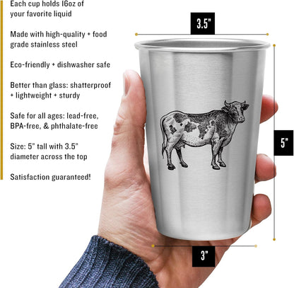 Kid-Proof Cups (Farm Animal Designs) - Set of 4 Stainless Steel Cups (16Oz)