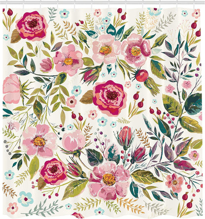 Floral Shower Curtain, Shabby Form Flowers Roses Petals Dots Leaves Buds Spring Season Theme Image, Cloth Fabric Bathroom Decor Set with Hooks, 69" W X 70" L, Magenta