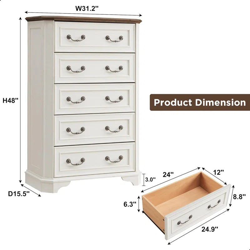 Theron Farmhouse 5 Drawer Bedroom Dresser, Wood Tall Chest of Drawers, Closet Storage for Bedroom