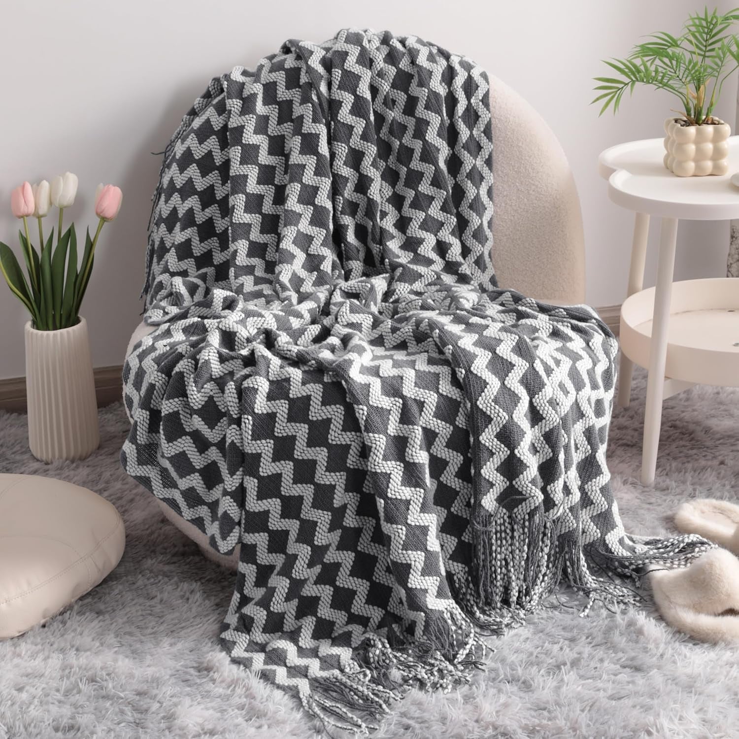 Acrylic Knitted Throw Blanket, Lightweight and Soft Cozy Decorative Woven Blanket with Tassels for Travel, Couch, Bed, Sofa, 51X67 Inches, Taupe Checkered
