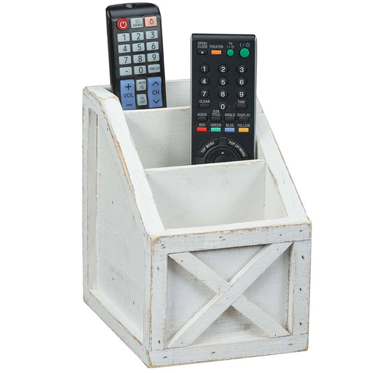Rustic Vintage Wooden Desk Organizer Remotes Caddy Tabletop Desktop Office Supplies Desk Accessories Holder, 6.75" X 6.5” (White/White)