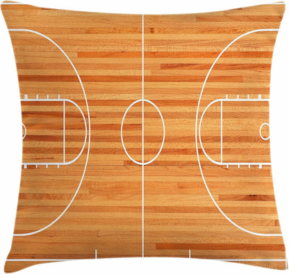 Sports Throw Pillow Cushion Cover, Standard Floor Plan on Parquet Backdrop Basketball Court Playground Print, Decorative Square Accent Pillow Case, 18" X 18", White Brown