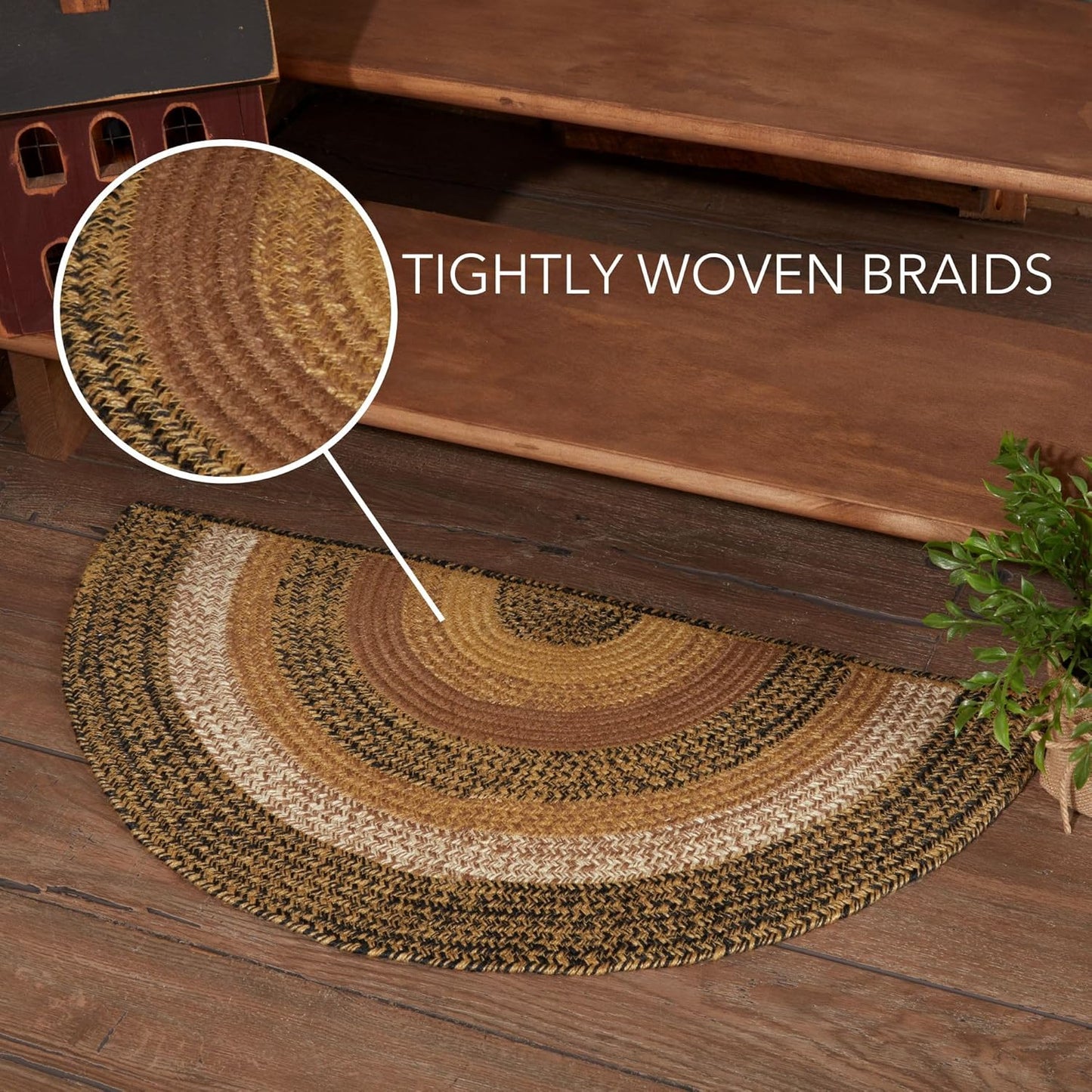 Kettle Grove Primitive Jute Tan Striped Rug Half Circle Decor W/Floor Pad 16.5"X33"